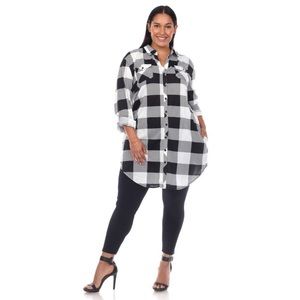 Plus Size Black and White Button Down Plaid Top With Side Pockets